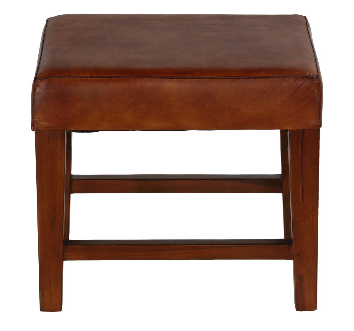 Genuine Leather Ottoman with Solid Teak Wood Legs, Brown O193