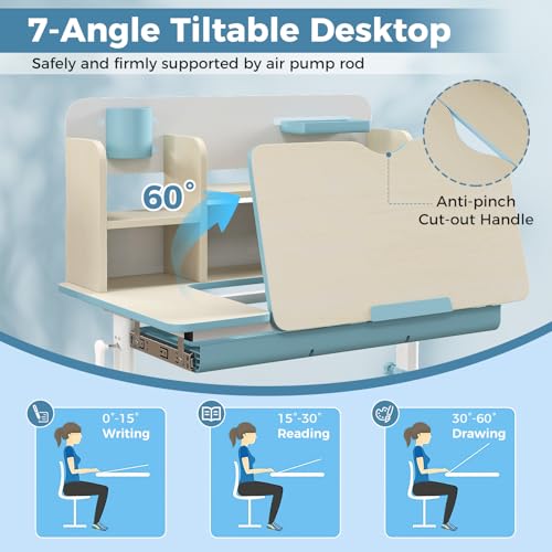 Pink Kids Desk with 7-Level Tiltable Desktop, Height Adjustable Table with Bookshelf, Pull-Out Drawer & Pen Holder E744885