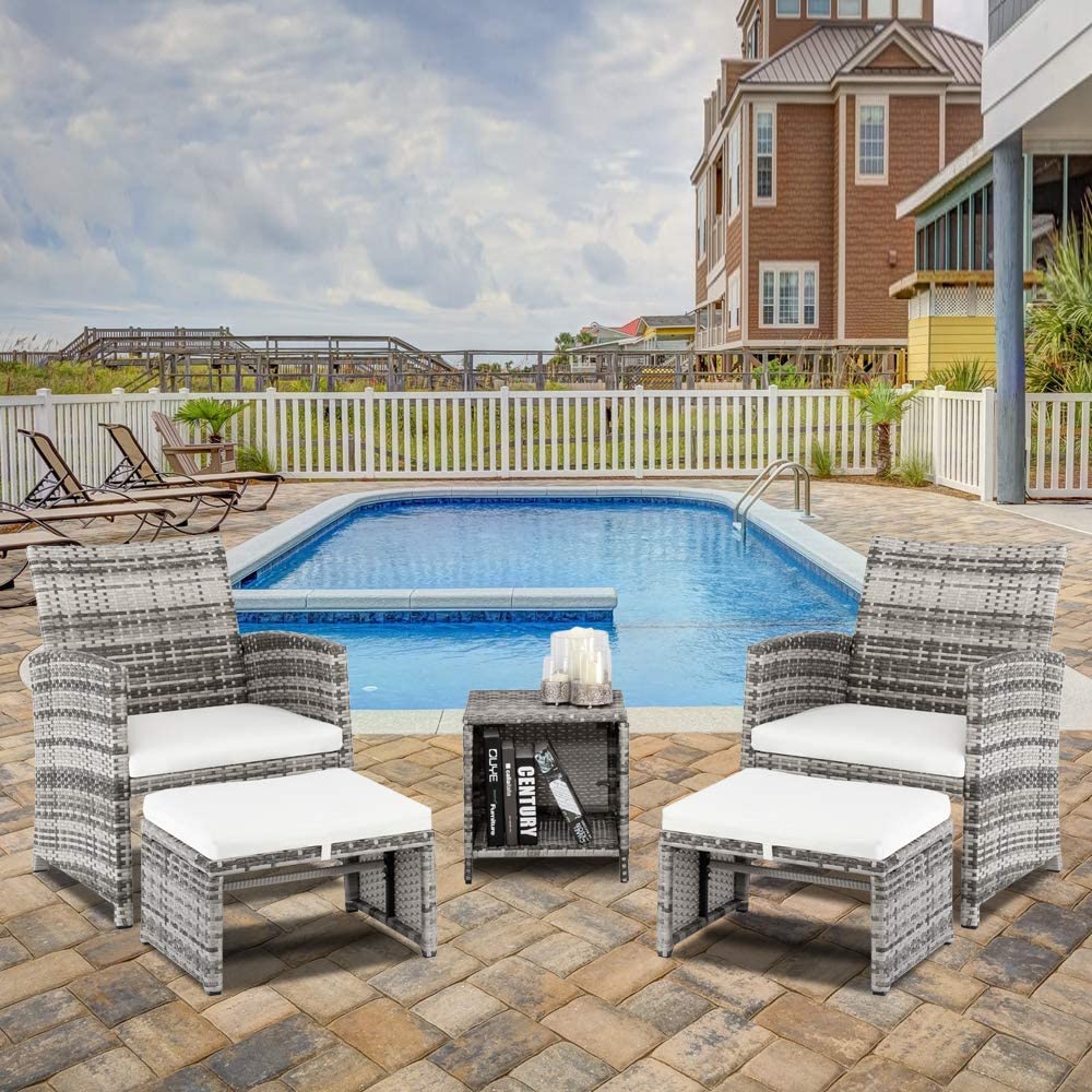 5 Pcs Wicker Rattan Cushioned Patio Sofa Set with Ottoman & Table I6587