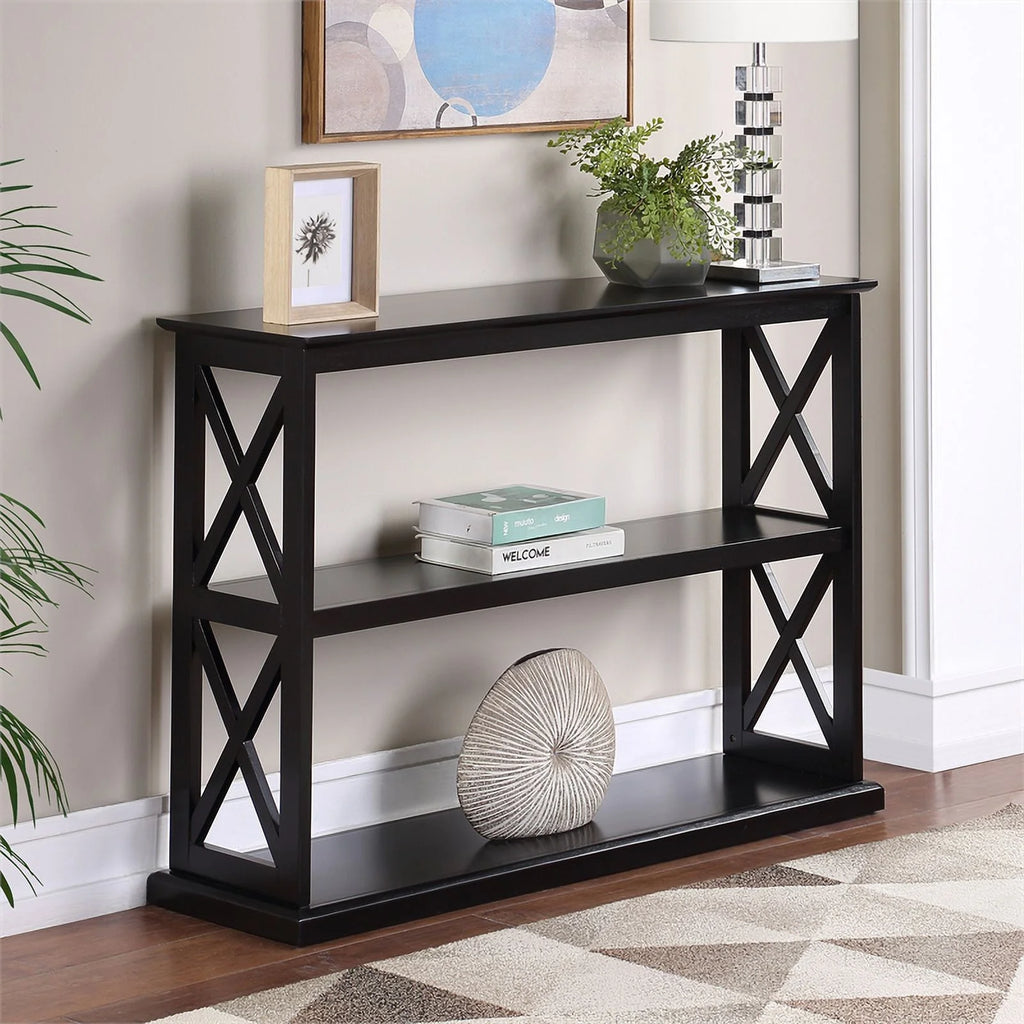 Black Wood Console Table with Shelves F342552