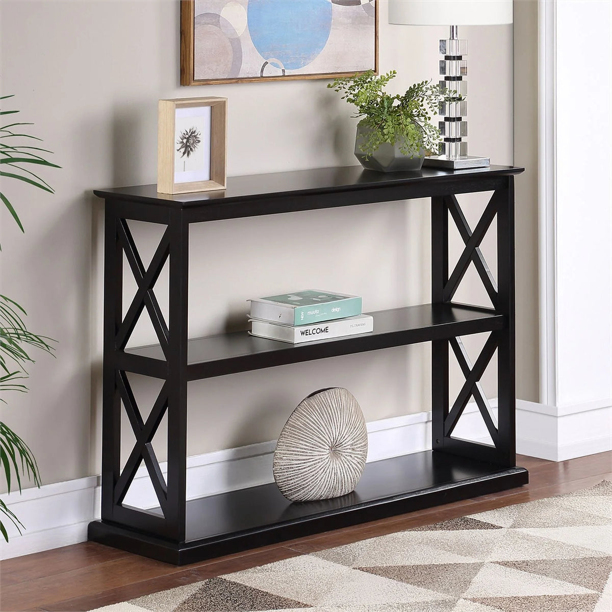 Black Wood Console Table with Shelves F342552