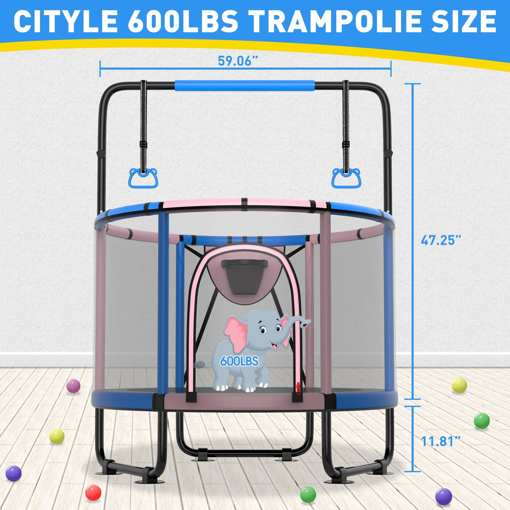 5FT Toddler Trampoline with Basketball Hoop, Swing, Adjustable Bar, Enclosure Net N159