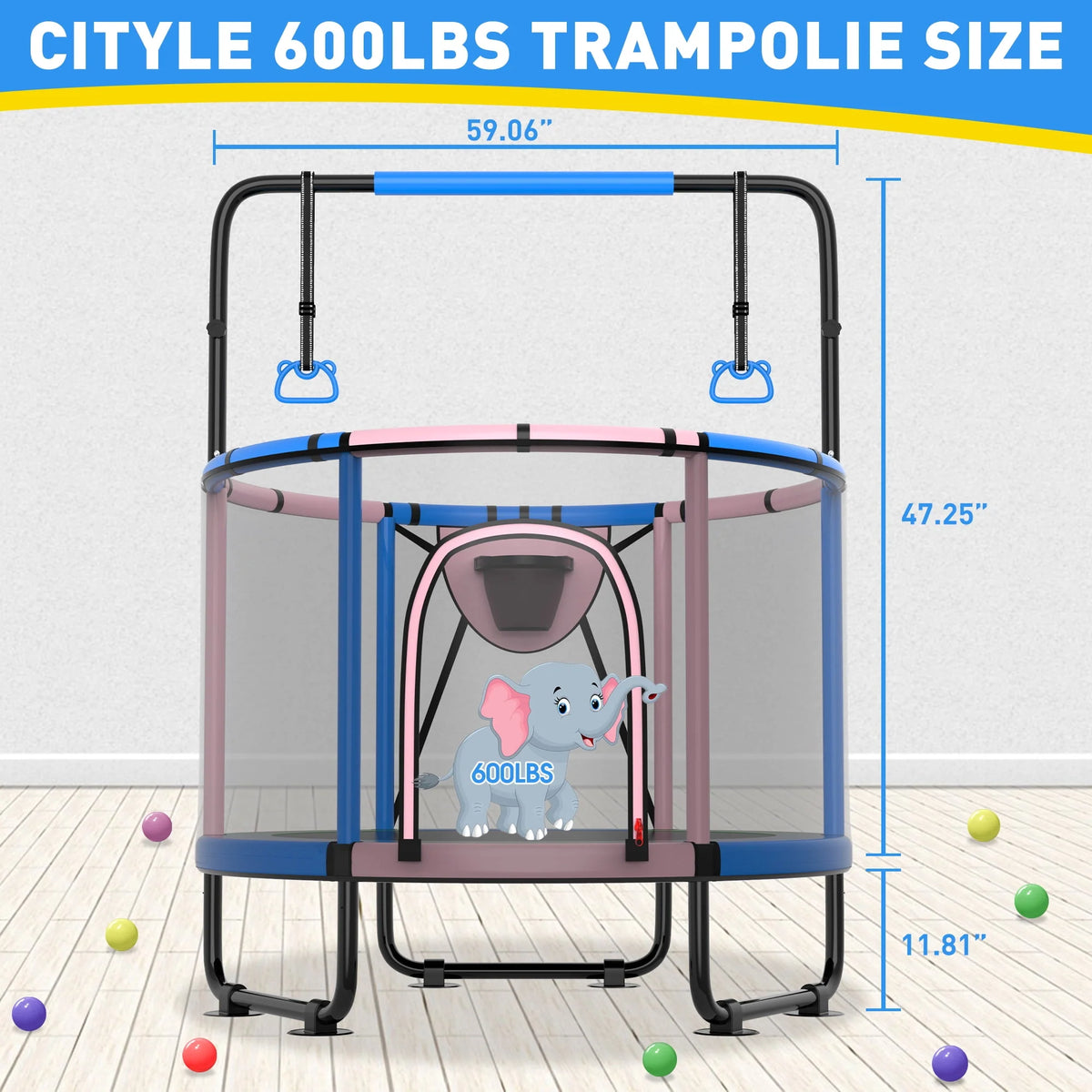 5FT Toddler Trampoline with Basketball Hoop, Swing, Adjustable Bar, Enclosure Net N159