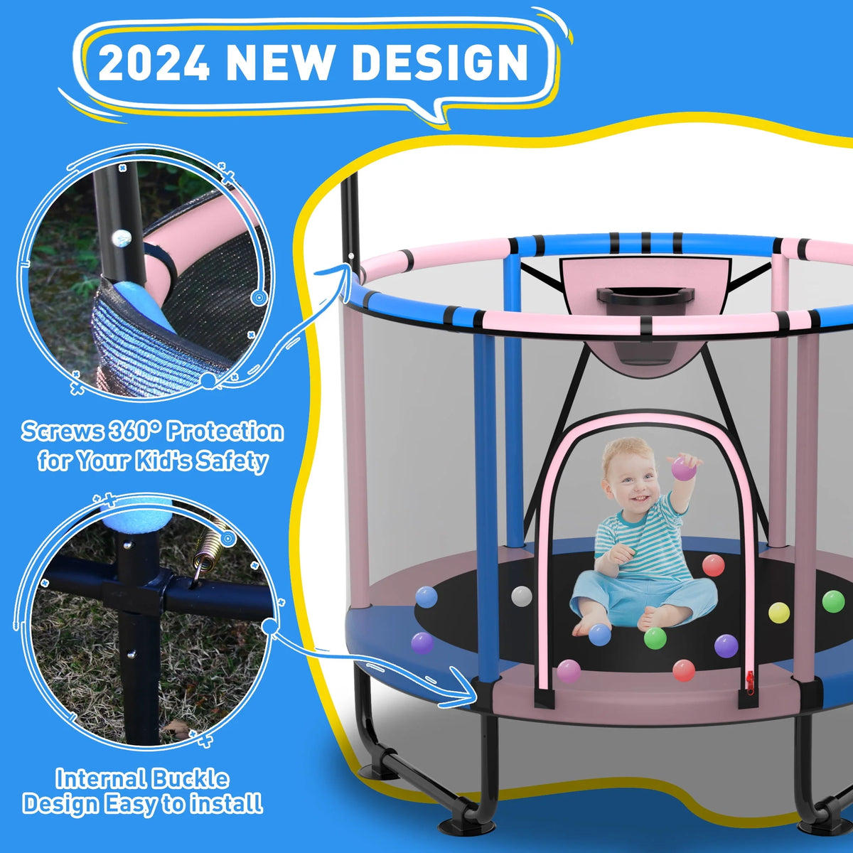 5FT Toddler Trampoline with Basketball Hoop, Swing, Adjustable Bar, Enclosure Net N159