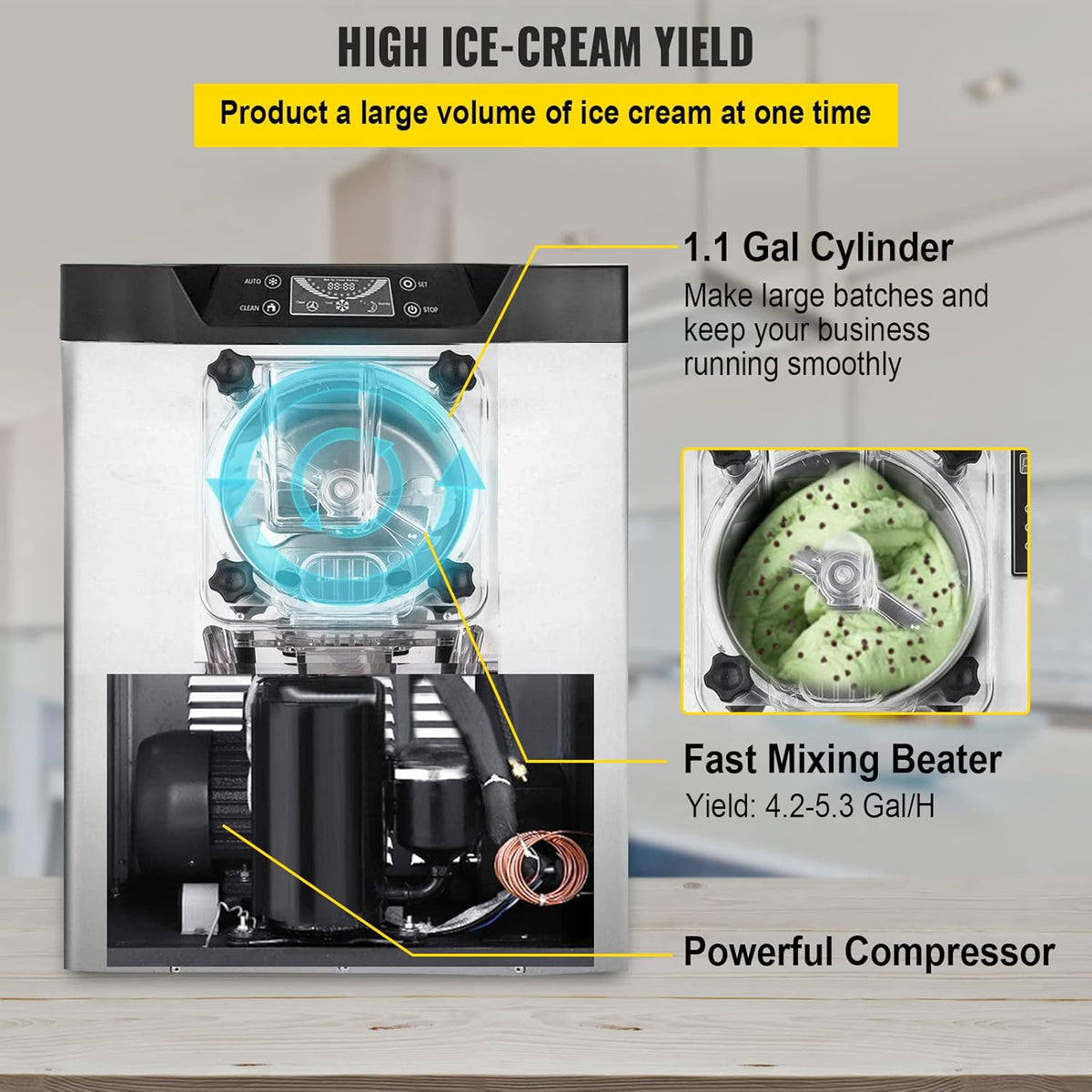 Commercial Ice Cream Machine 1400W 20/5.3 Gph Hard Serve Ice Cream Maker with LED Display O729