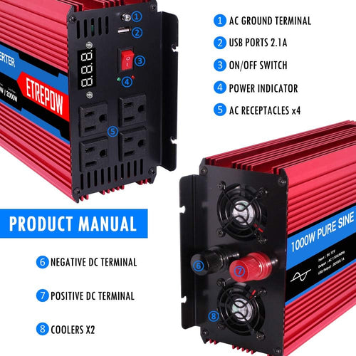 1000 Watt Pure Sine Wave Power Inverter 12V DC to 110V AC Q203