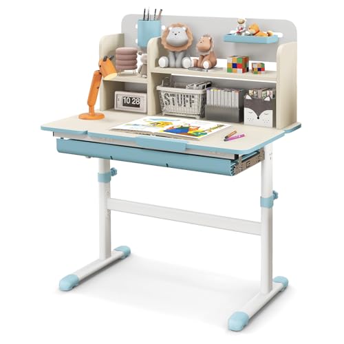 Pink Kids Desk with 7-Level Tiltable Desktop, Height Adjustable Table with Bookshelf, Pull-Out Drawer & Pen Holder E744885