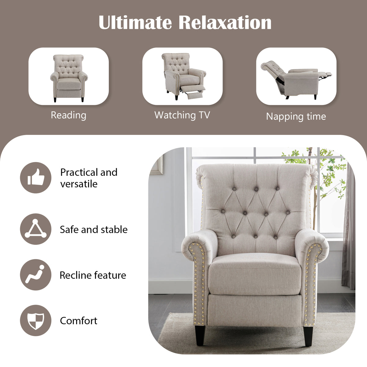 Tan Linen Tufted Recliner Single Sofa T79321