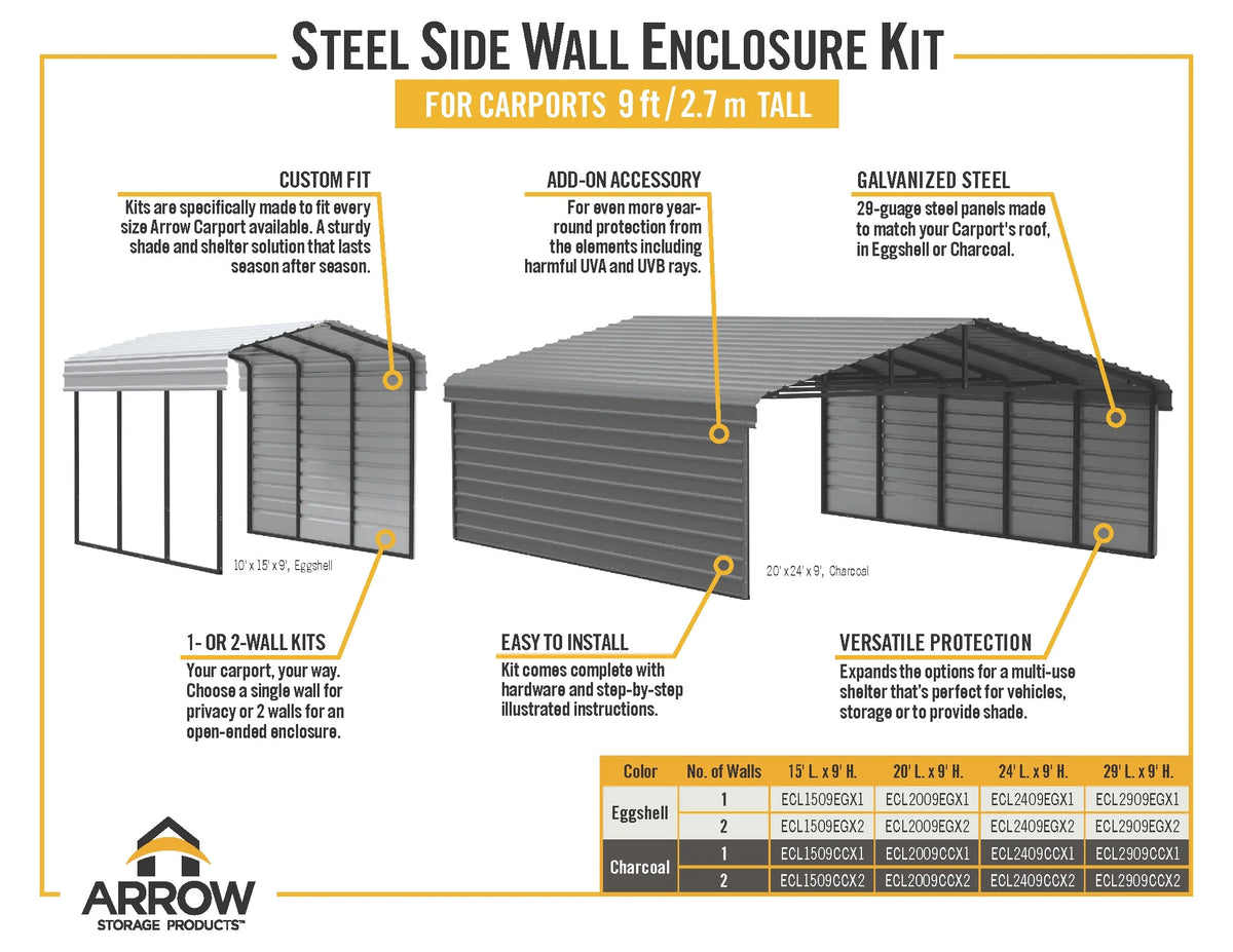 Galvanized Steel Carport Kit, 10' x 24' x 9', Charcoal R679729