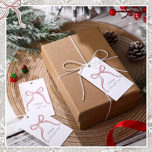 100 Pcs Red Bow Christmas Tags with String Q331531