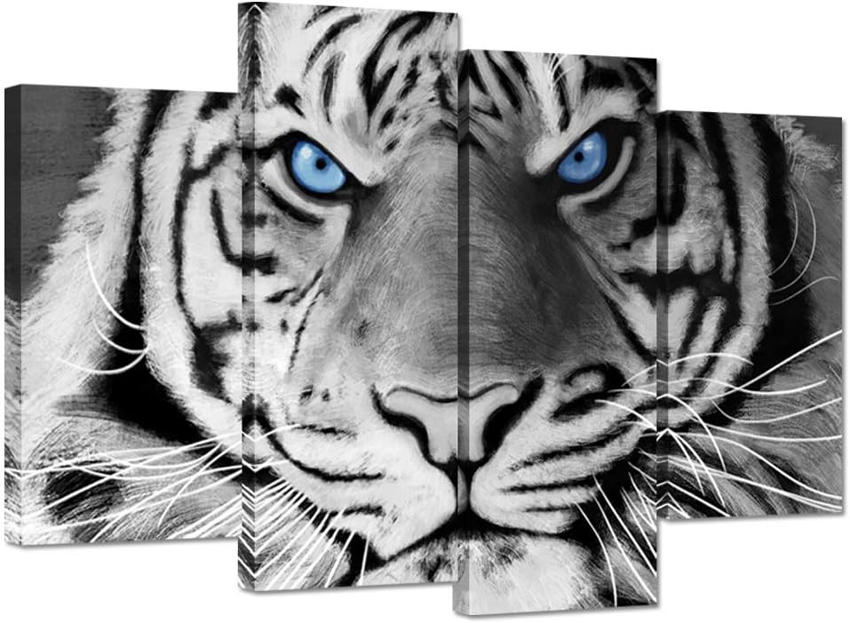4 Panel Black And White Tiger Canvas Wall Art Stretched And Framed K7140