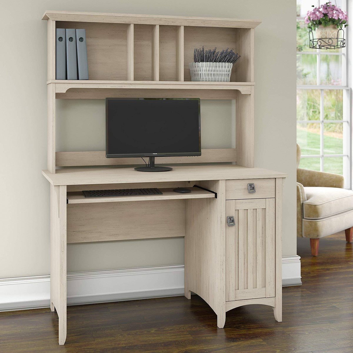 Antique White Computer Desk with Hutch Y17194