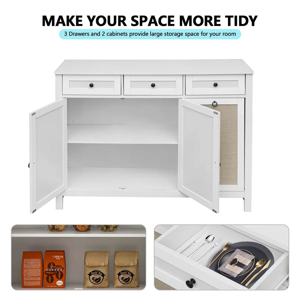 White Rattan Sideboard Buffet Cabinet with 3 Doors and 3 Drawer S494