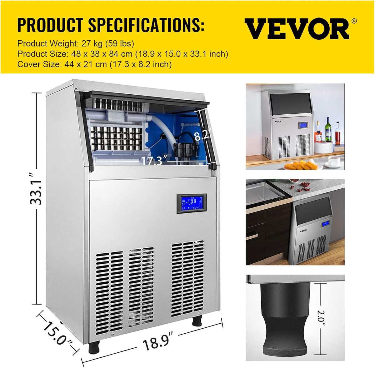 110V Commercial Ice Maker with 33LBS Bin and Electric Water Drain Pump N509