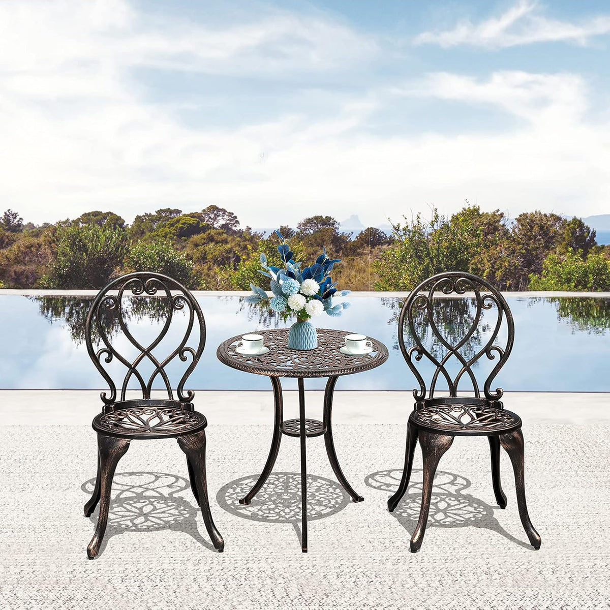 3 Piece Outdoor Cast Aluminum Bistro Set with Umbrella Hole, Bronze U787921