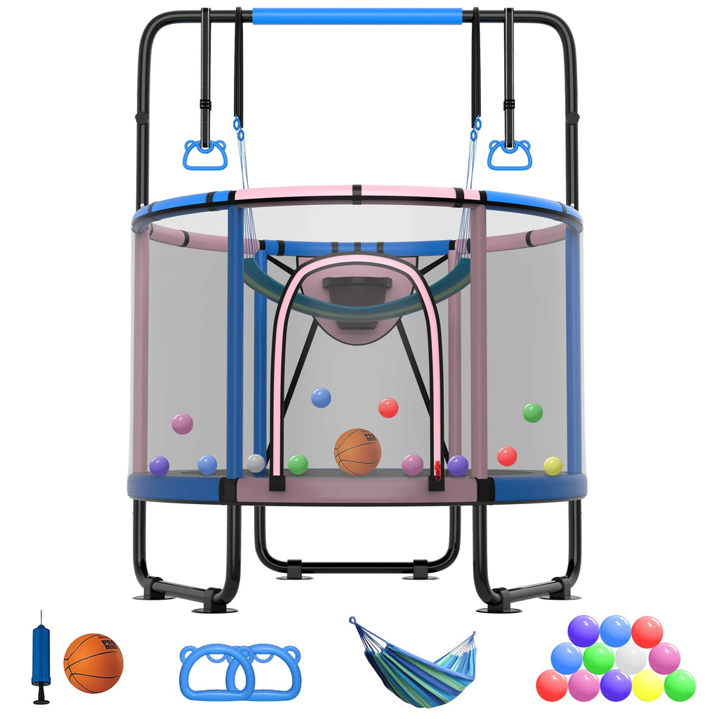 5FT Toddler Trampoline with Basketball Hoop, Swing, Adjustable Bar, Enclosure Net N159