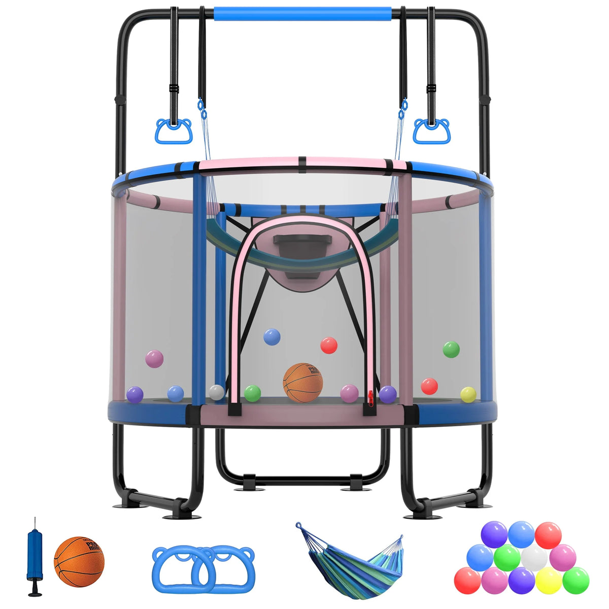 5FT Toddler Trampoline with Basketball Hoop, Swing, Adjustable Bar, Enclosure Net N159