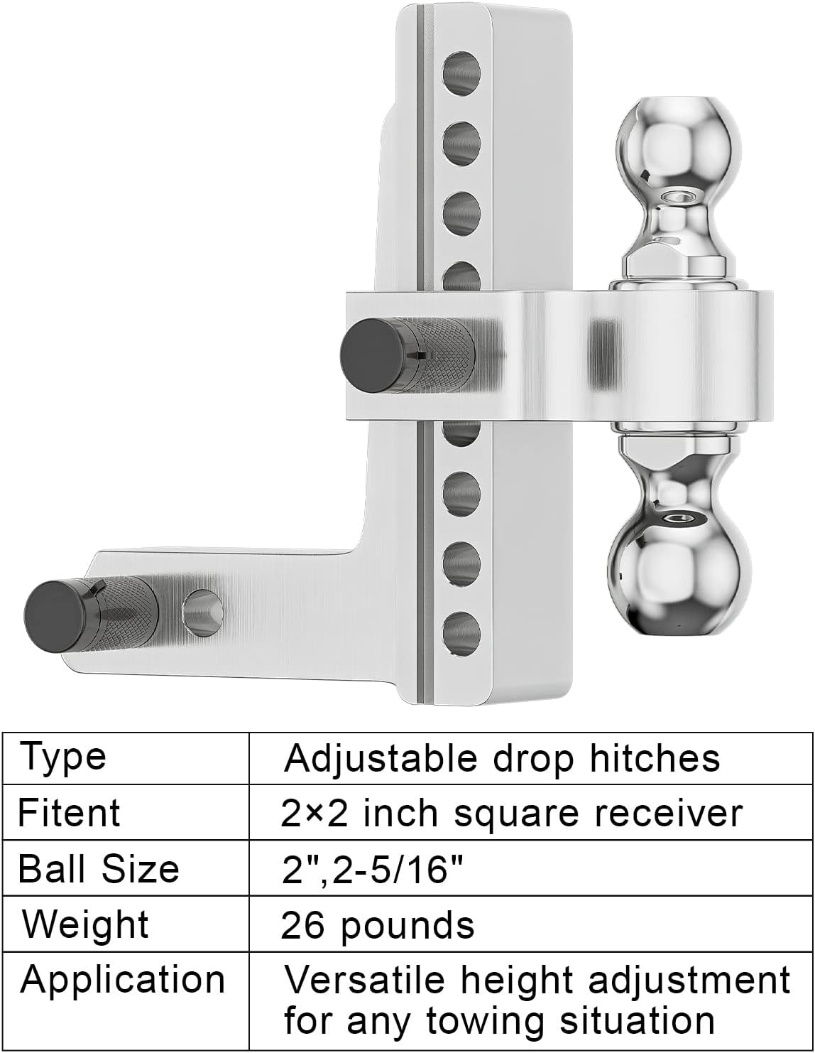 Adjustable Trailer Hitch Ball Mount, 2.5-Inch Receiver, 8-Inch Drop, 8-Inch Rise, Dual Towing Balls with Double Pin Key Locks H10246