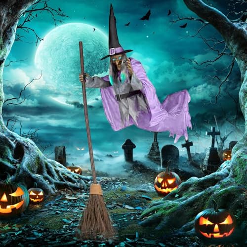 6FT Animated Flying Witch Halloween Decor with Scary Sounds and Lights X288