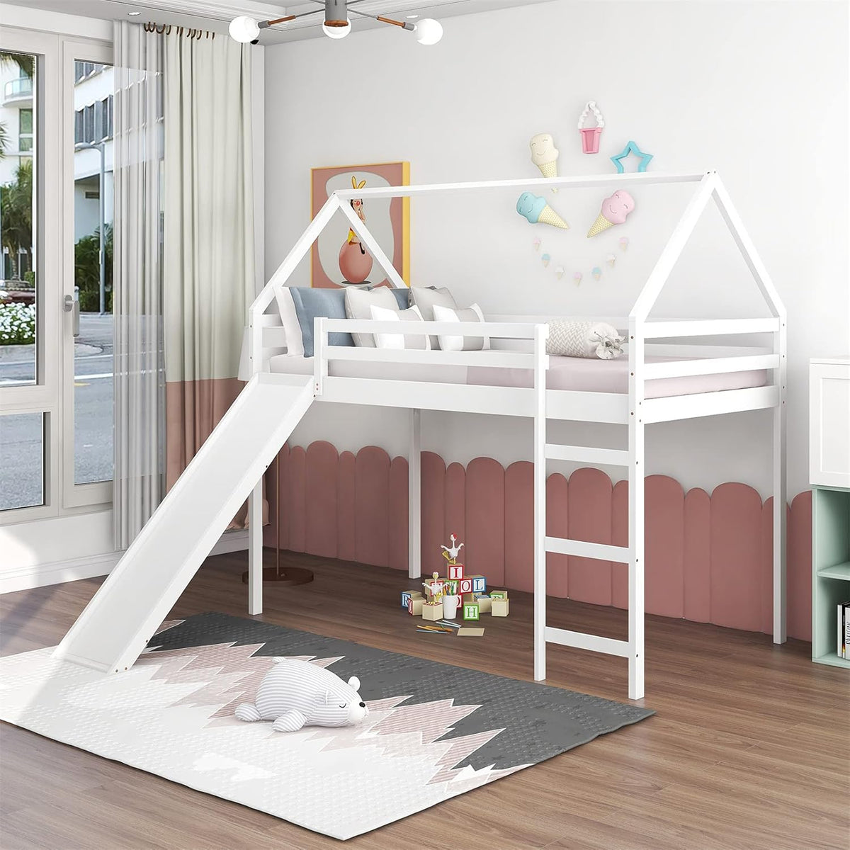 White Wood Twin Loft Bed with Slide and Staircase Y3177