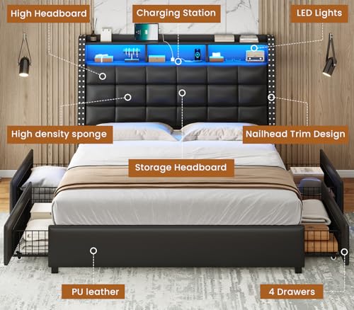 Gray Queen Bed Frame with Storage Headboard and 4 Drawers Z124