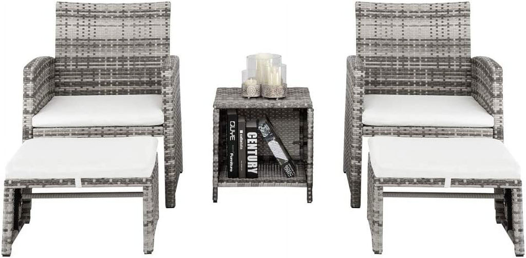 5 Pcs Wicker Rattan Cushioned Patio Sofa Set with Ottoman & Table I6587