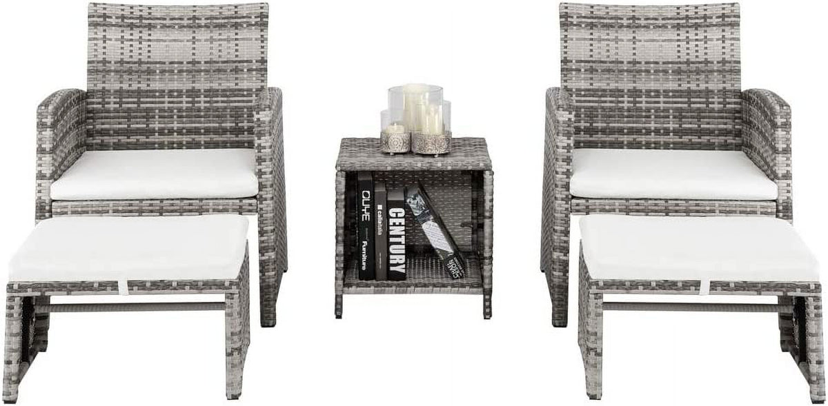 5 Pcs Wicker Rattan Cushioned Patio Sofa Set with Ottoman & Table I6587