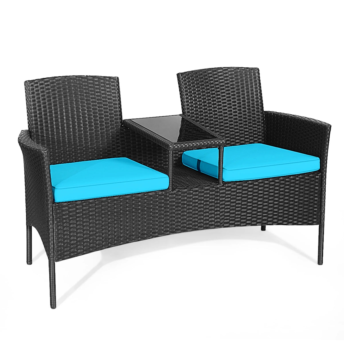 Rattan Wicker Patio Conversation Set with Table Turquoise Cushion M827