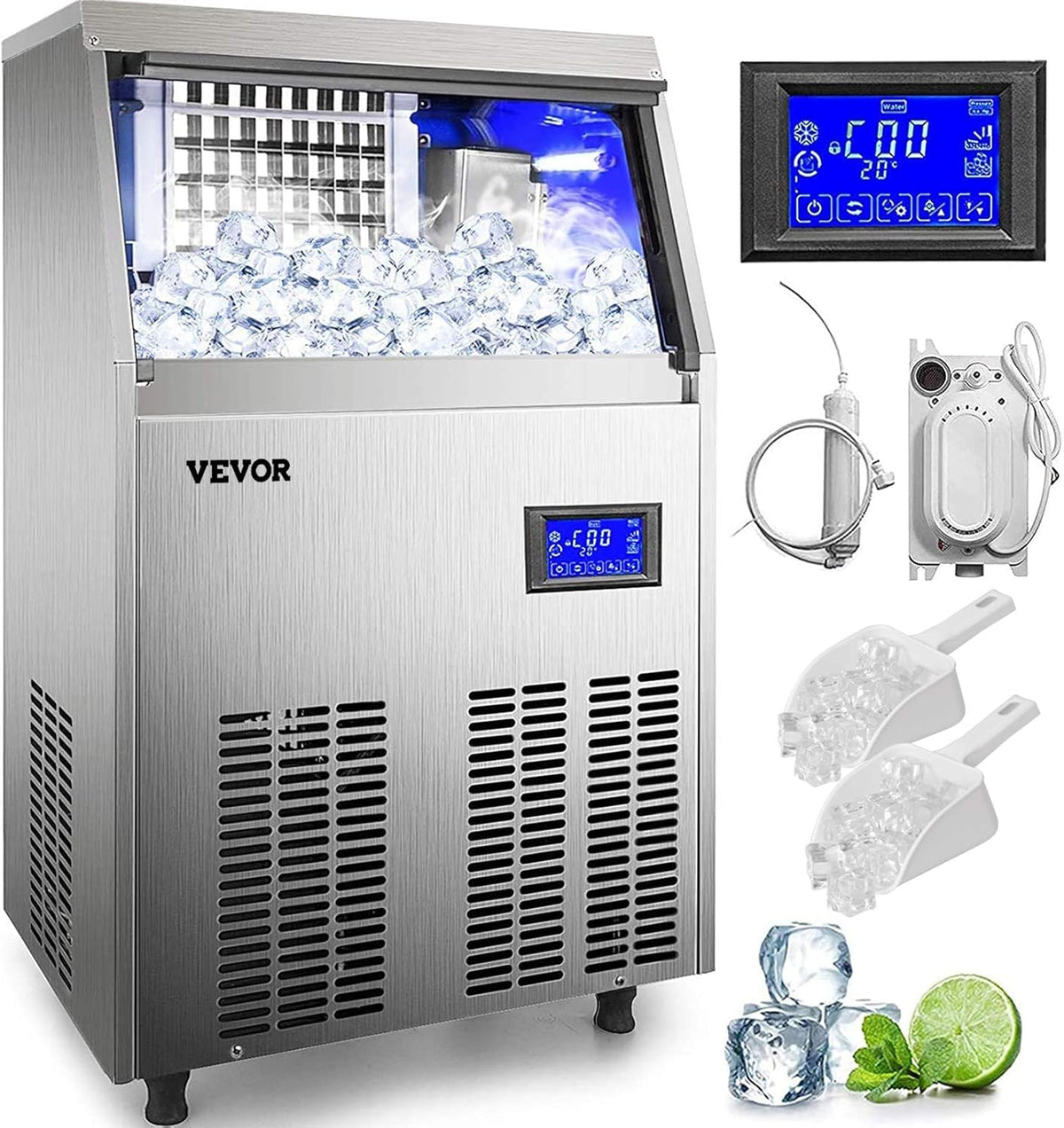 110V Commercial Ice Maker with 33LBS Bin and Electric Water Drain Pump N509
