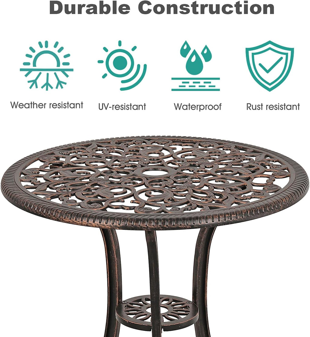 3 Piece Outdoor Cast Aluminum Bistro Set with Umbrella Hole, Bronze U787921