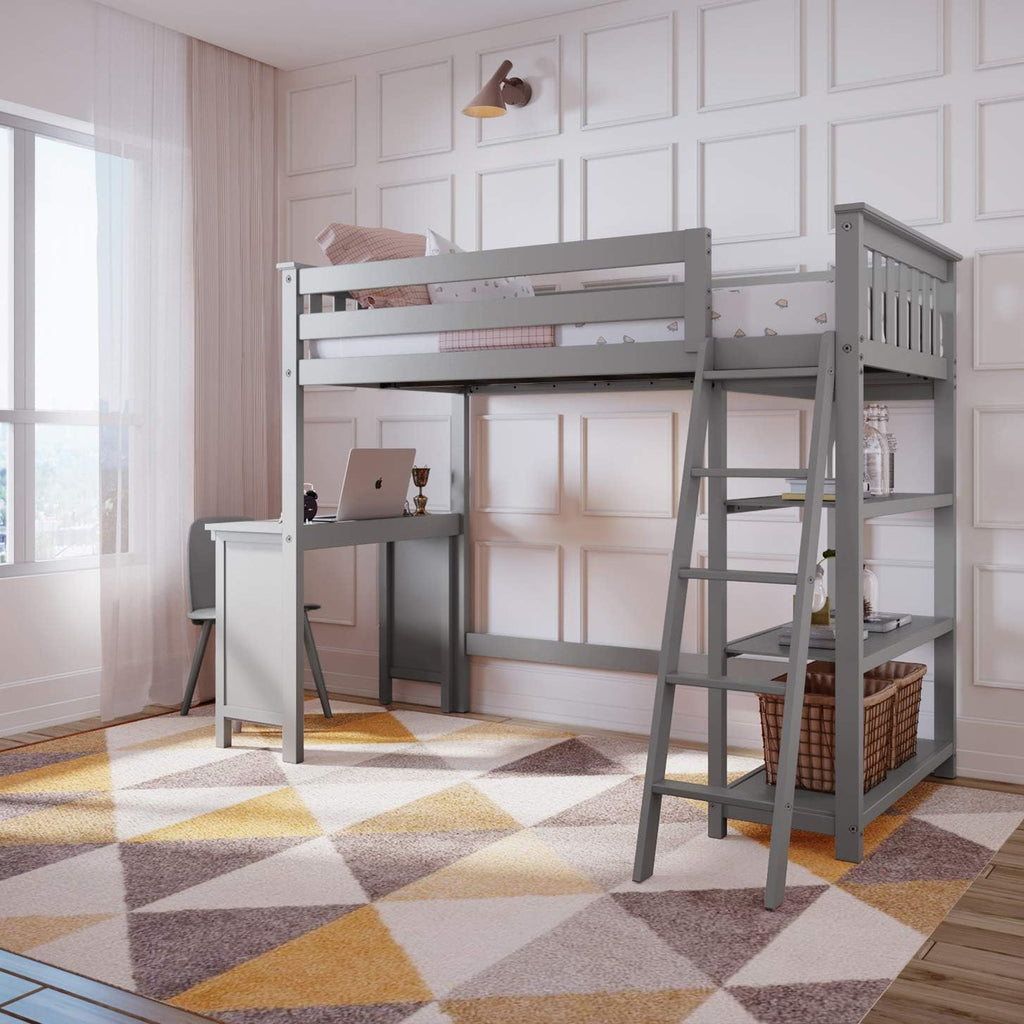 White Twin High Loft Bed with Bookcase and Desk Y64685