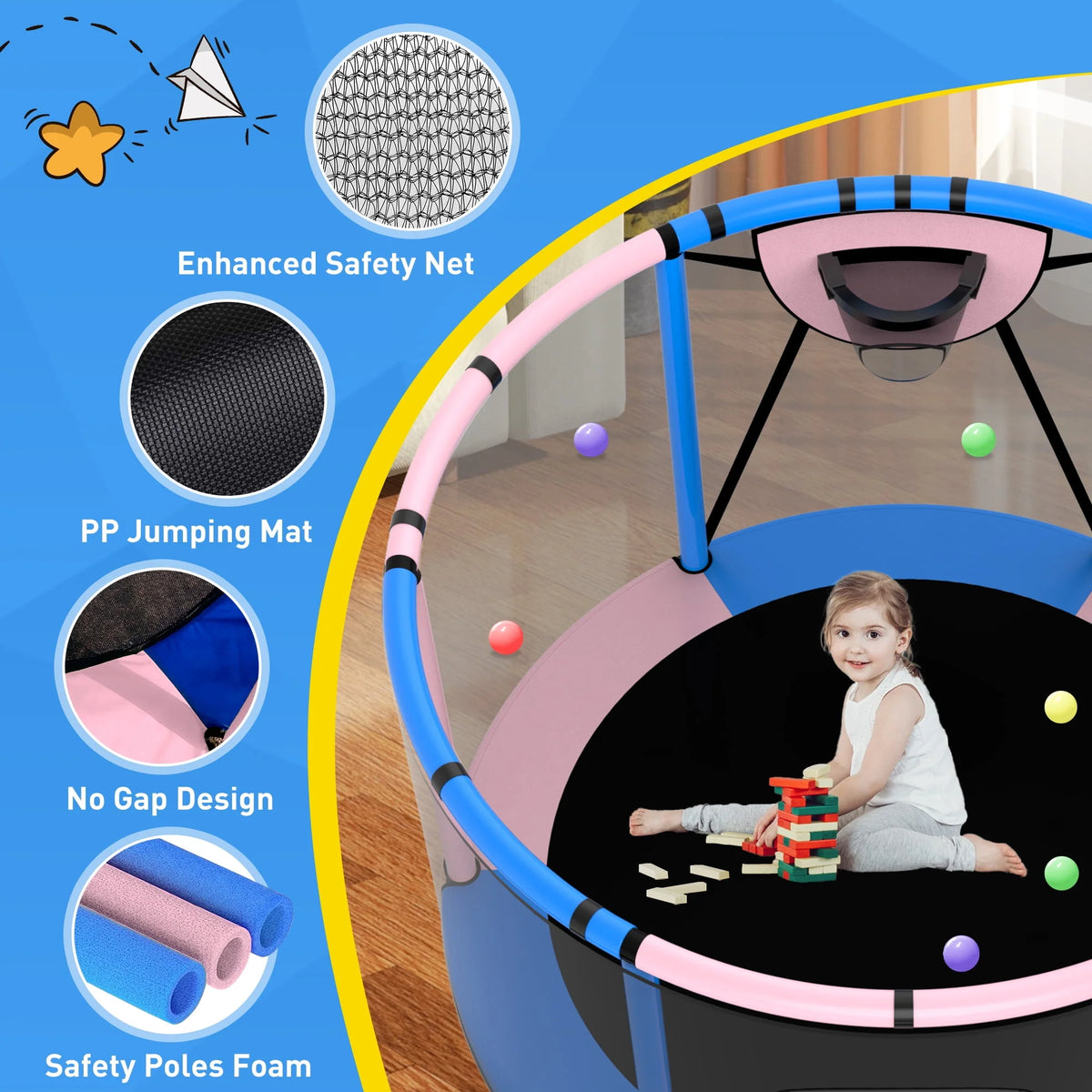 5FT Toddler Trampoline with Basketball Hoop, Swing, Adjustable Bar, Enclosure Net N159