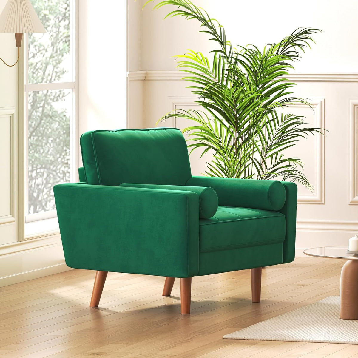 Green Velvet Button Tufted Accent Chair with 2 Pillows K65544