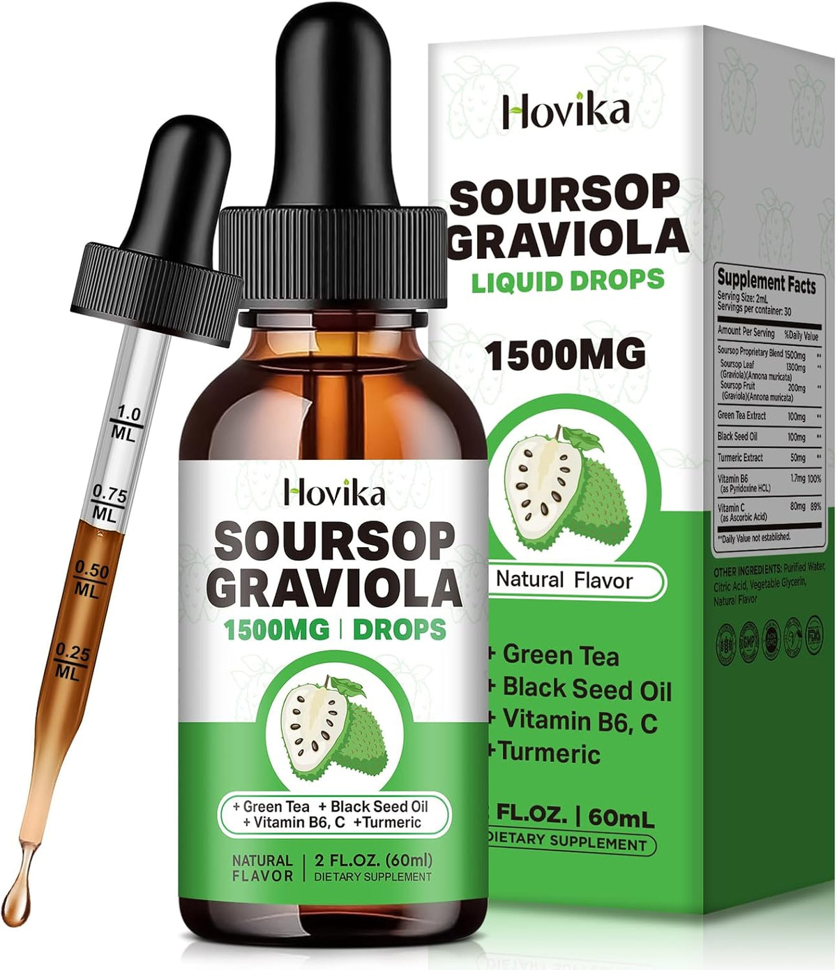 Soursop Graviola Liquid Drops 1500mg with Green Tea, Black Seed Oil, Turmeric, Natural-B Flavor 2 Fl Oz J460