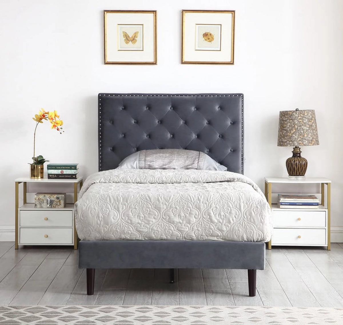Gray Twin Upholstered Platform Bed Frame with Adjustable Headboard Z4783