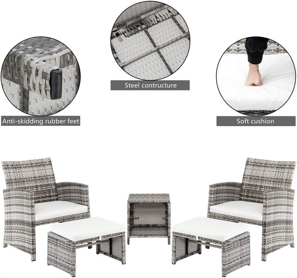 5 Pcs Wicker Rattan Cushioned Patio Sofa Set with Ottoman & Table I6587