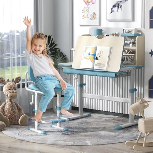 Pink Kids Desk with 7-Level Tiltable Desktop, Height Adjustable Table with Bookshelf, Pull-Out Drawer & Pen Holder E744885