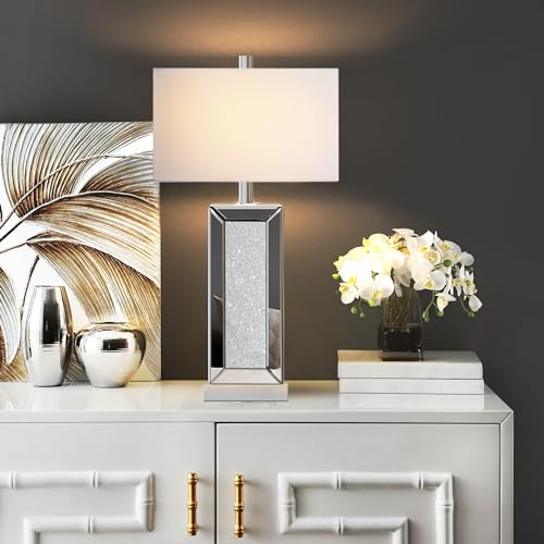 Table Lamp Set of 2 Touch Control Silver Mirror Crystal with USB C+A Ports 3-Way Dimmable White Fabric Shade C2153