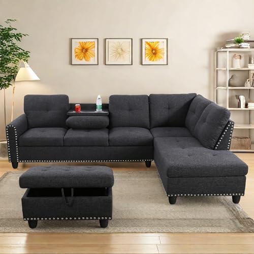 L Shaped Modular Sectional Sofa with Ottoman Storage, Gray Z818904