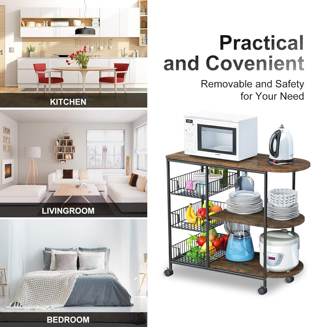3-Tier Kitchen Island Cart with 3 Metal Baskets, 4 Wheels T6292
