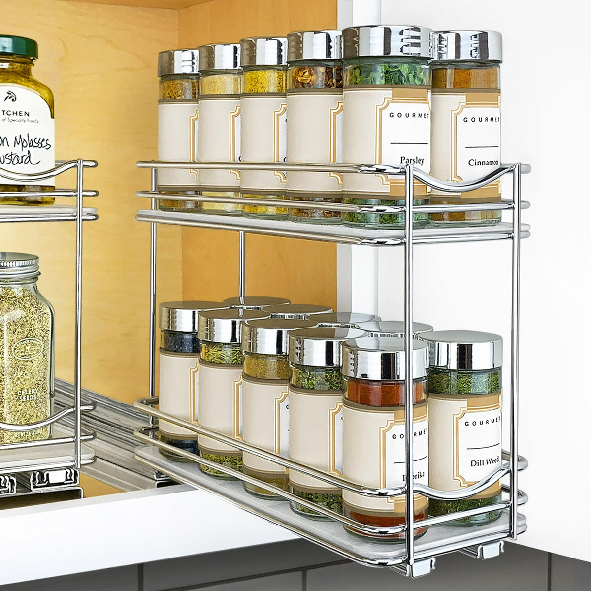 2 Tier Sliding Drawer Shelf Spice Rack Organizer, Brown L24526