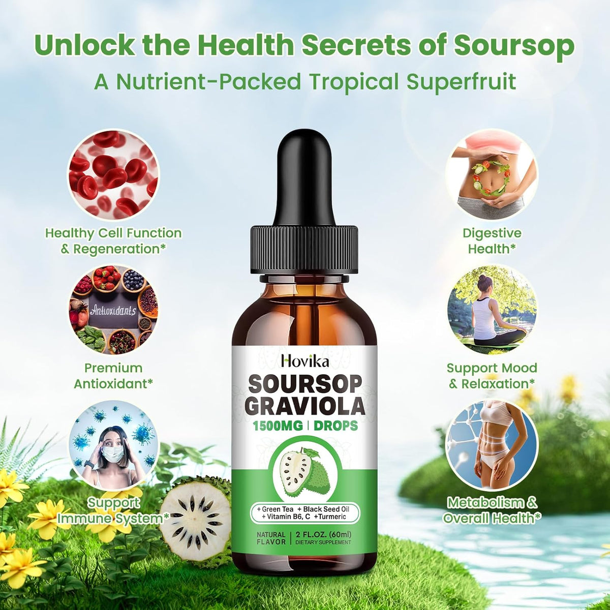 Soursop Graviola Liquid Drops 1500mg with Green Tea, Black Seed Oil, Turmeric, Natural-B Flavor 2 Fl Oz J460