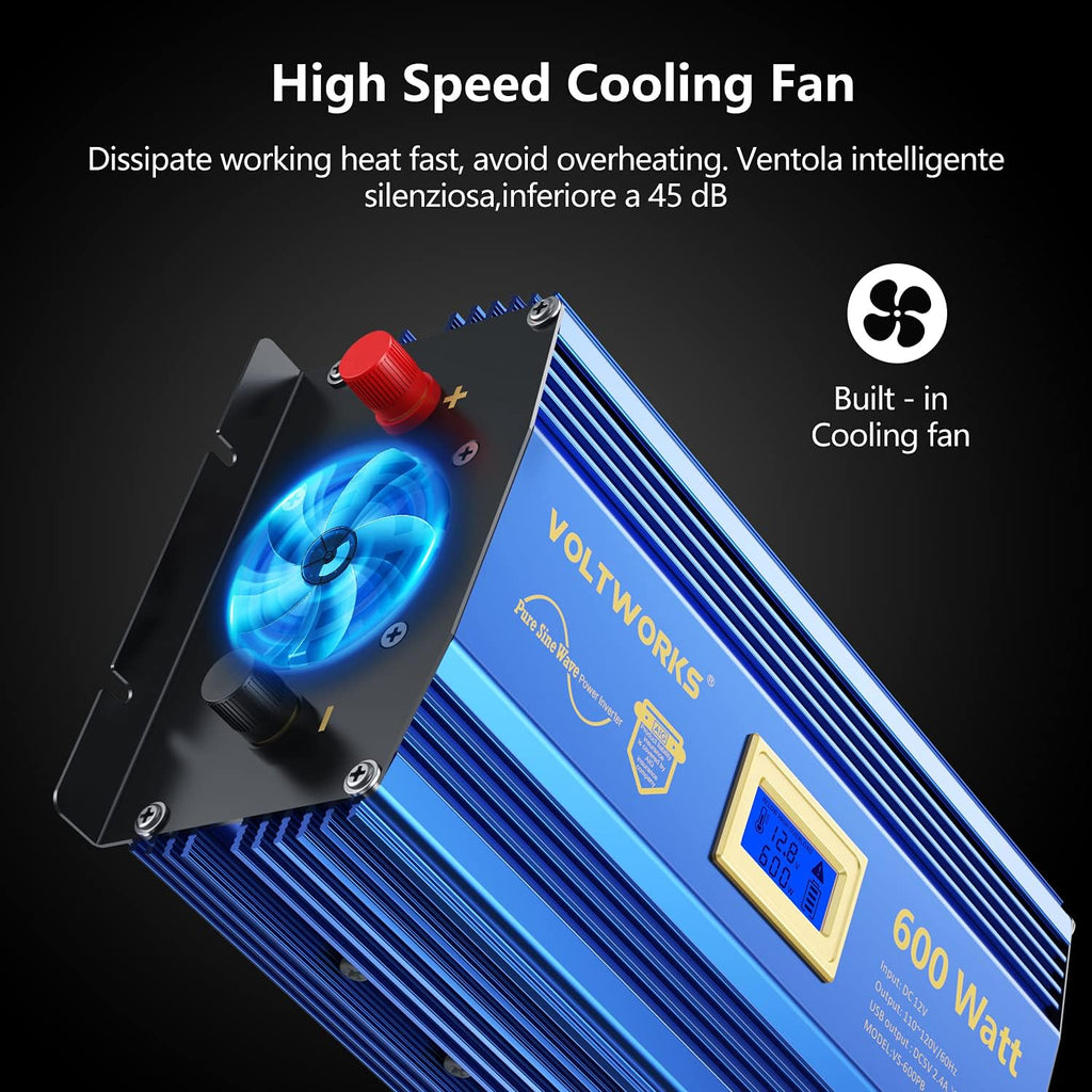 600 Watts Pure Sine Wave Power Inverter DC 12V to AC 110V 120V with USB Port & LCD Display G7590