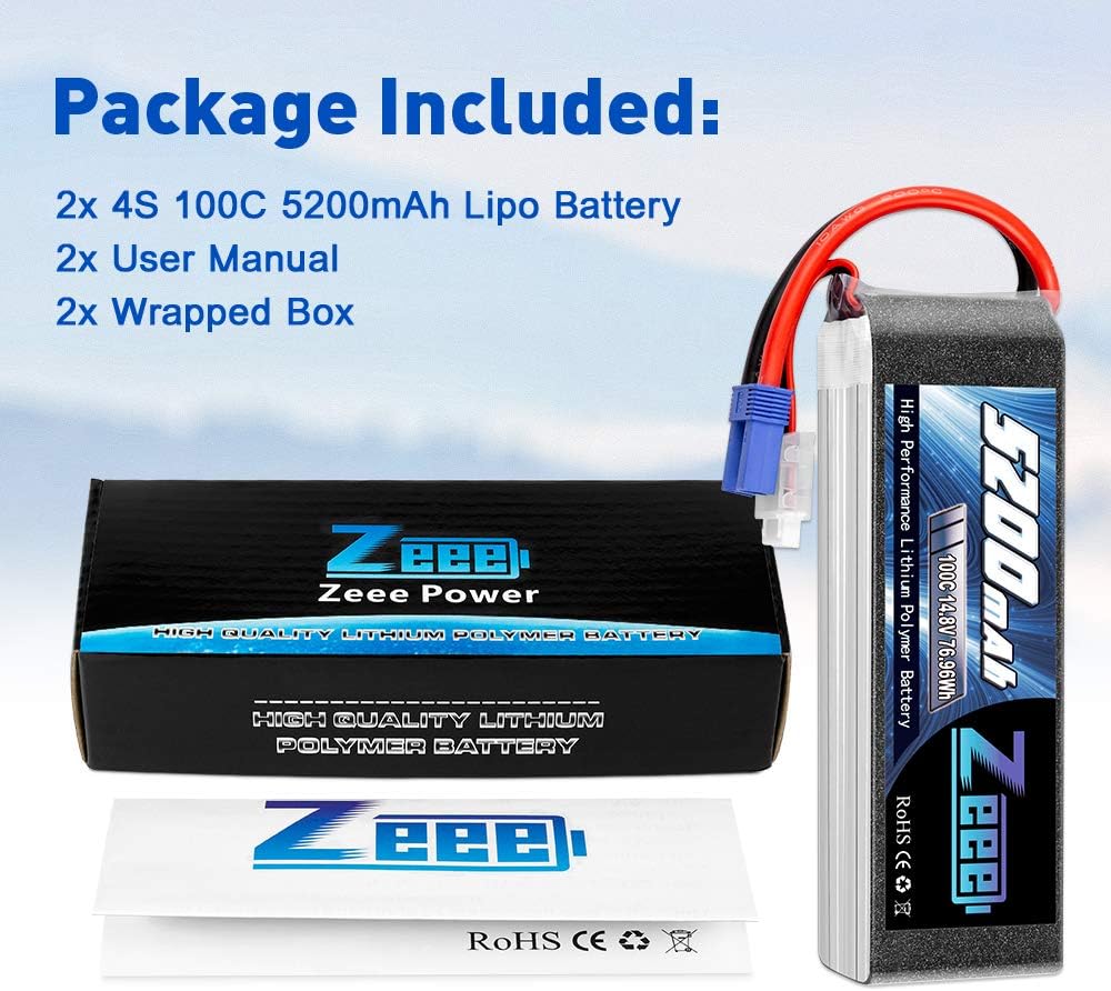 4S Lipo Battery 14.8V 5200mAh 100C EC5 Plug Soft Case 2 Pack P35799