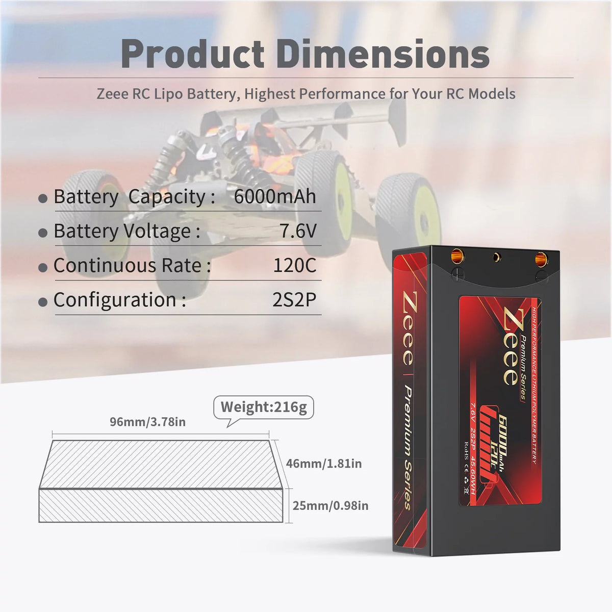 2S Lipo Battery 7.6V 6000mAh 120C Shorty Hard Case 2 Pack X34717