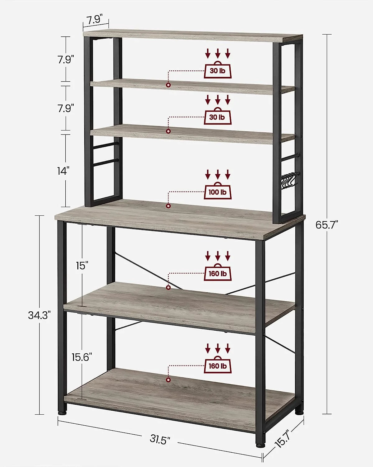 6-Tier Greige and Black Kitchen Shelves with 6 Hooks B49586