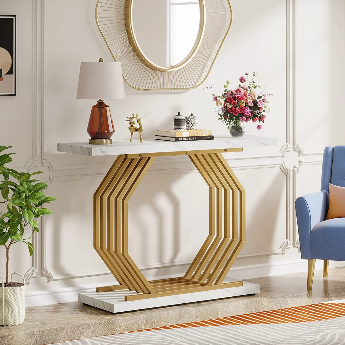 Gold 40 inch Faux Marble Console Table E3360