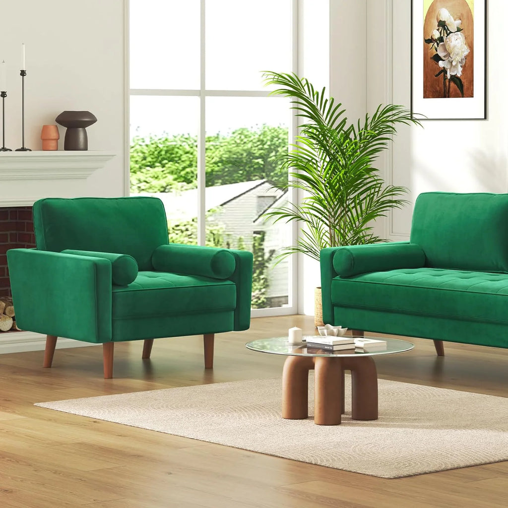 Green Velvet Button Tufted Accent Chair with 2 Pillows K65544