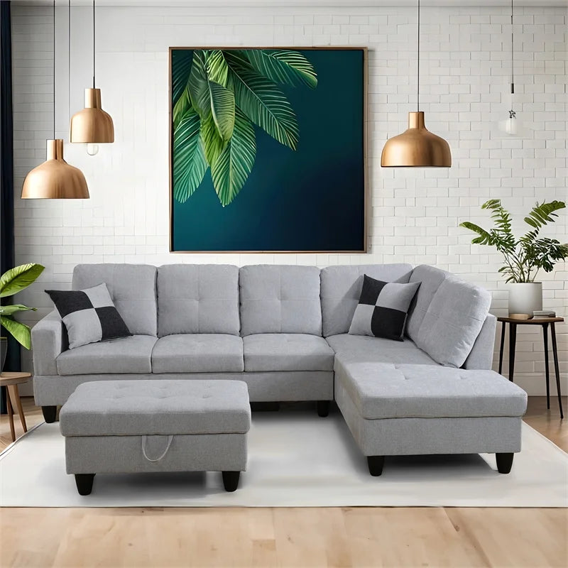 Gray White Sectional & Ottoman S52396