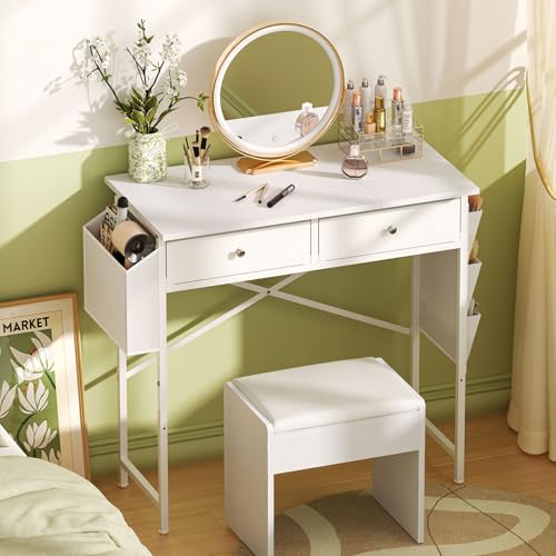 White 32 Inch Vanity Desk with Fabric Drawer C131